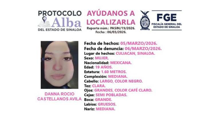 La Fiscalía de Sinaloa activa el Protocolo Alba para localizar Dannia Rocío.