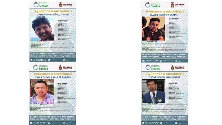 Fichas de búsqueda emitidas en Sinaloa por cuatro jóvenes reportados como desaparecidos en Mazatlán.