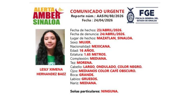 Alerta Amber emitida por la Fiscalía de Sinaloa para localizar en Mazatlán a Lesly Ximena.