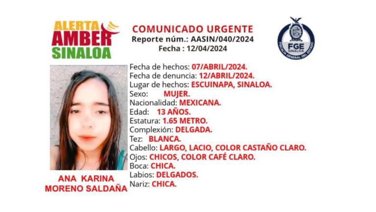 Alerta Amber emitida por la desaparición de la menor Ana Karina, ocurrida el 7 de abril en Escuinapa.