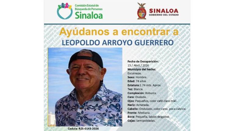 Ficha de búsqueda del constructor Leopoldo Arroyo Guerrero, desaparecido en Escuinapa.