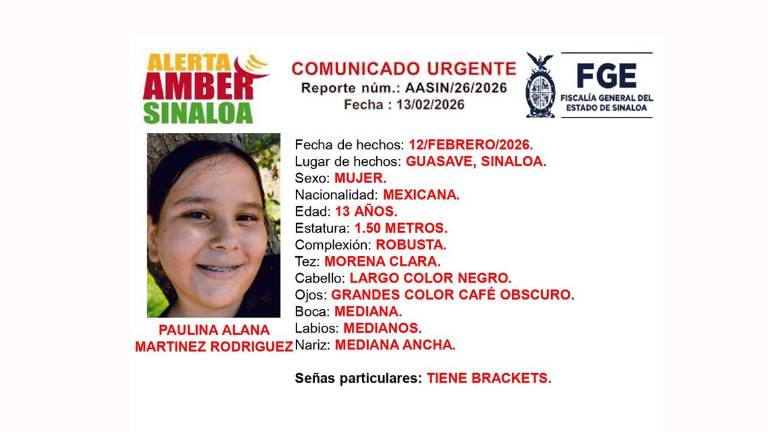 La Fiscalía de Sinaloa activó la Alerta Amber para localizar a la menor Paulina Alnaa, desaparecida en Guasave.