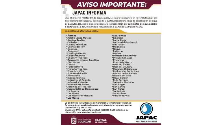 Lista de colonias donde habrá una suspensión en el suministro de agua por una obra de la Japac.