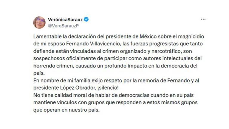 Mensaje de la viuda del ex candidato presidencial en Ecuador contra el Presidente de México Andrés Manuel López Obrador.