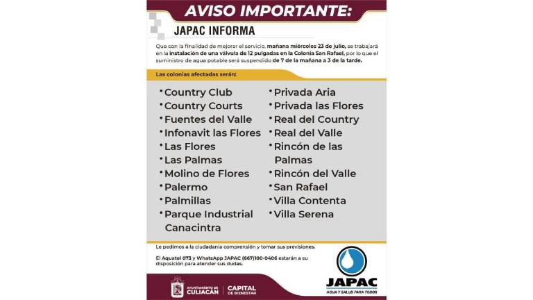 Lista de colonias que este miércoles tendrán suspensión de agua en colonias.
