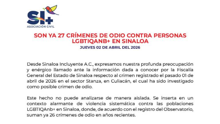 Posicionamiento del colectivo Sinaloa Incluyente por los crímenes de odio en la entidad.