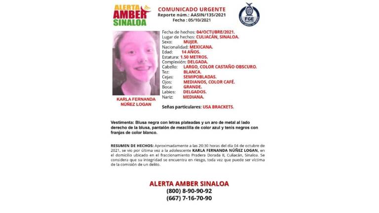 Alerta Ámber emitida para ayudar a localizar a la joven Karla, de Culiacán.
