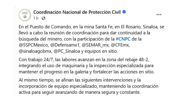 Reporte de Protección Civil Nacional sobre la búsqueda del cuarto minero que se mantiene atrapado en mina de Rosario.