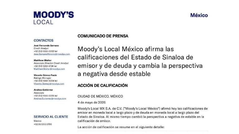 Aviso del cambio de la calificación de Moody’s Local México sobre Sinaloa.