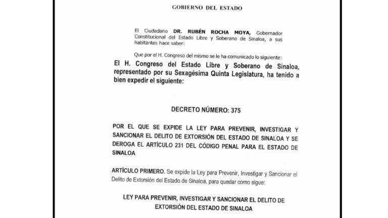Decreto que expide la Ley contra la extorsión en Sinaloa.