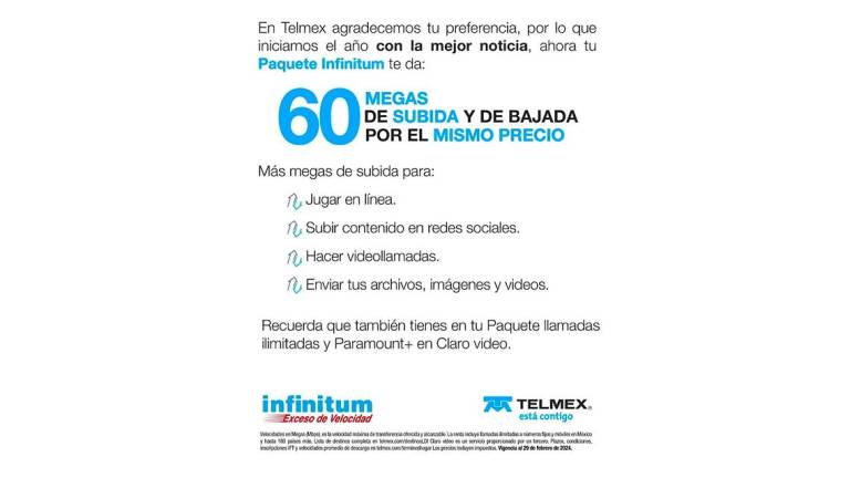 Anuncio de Telmex en el que anuncia la actualización del servicio de internet.