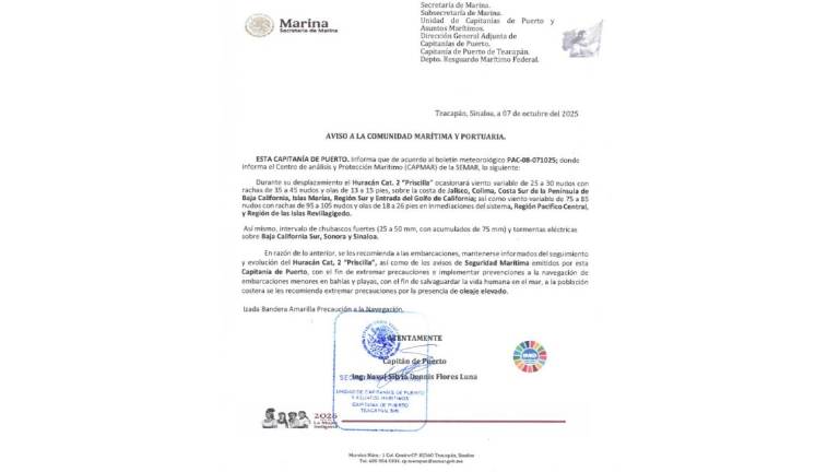 Aviso de Capitanía de Puerto en Teacapán sobre el cierre a la navegación.