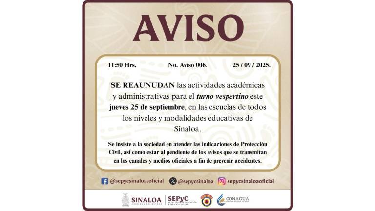 Aviso de la SEPyC de la reanudación de las clases en Sinaloa tras las lluvias.