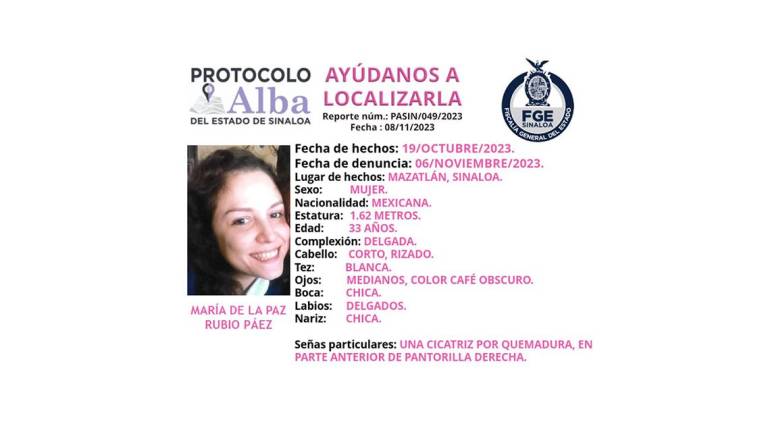 Una ficha del Protocolo Alba se emitió para localizar a una joven mujer desaparecida en Mazatlán.