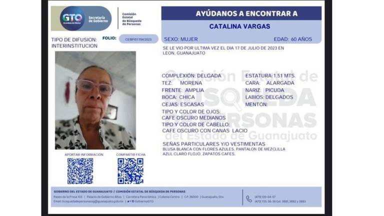 Ficha de búsqueda de Catalina Vargas, una madre buscadora de León, Guanajuato, que ha sido reportada como desaparecida.