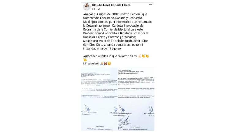 Mensaje de Claudia Tiznado Flores, que renuncia a ser candidata a Diputada local.