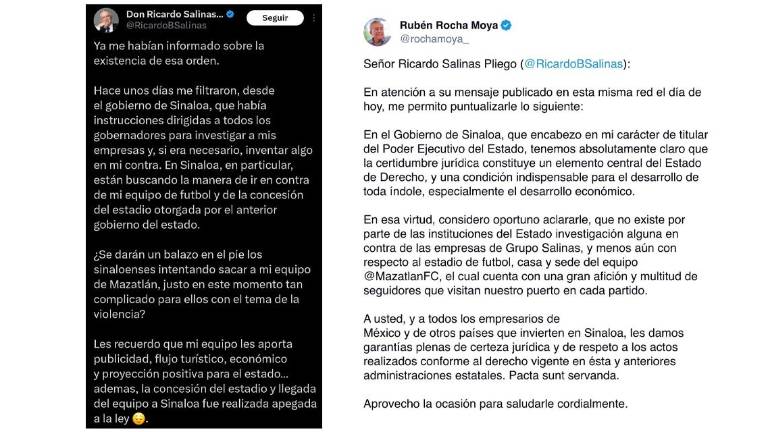 Mensajes en redes sociales de Ricardo Salinas Pliego y la respuesta del Gobernador de Sinaloa.