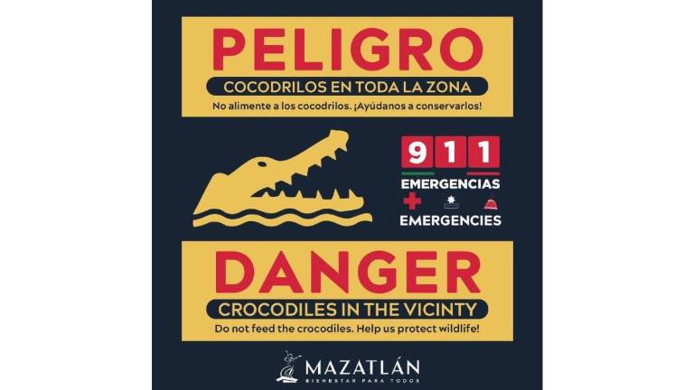 Aviso de la presencia de cocodrilo en Playa Brujas, al norte de Mazatlán.