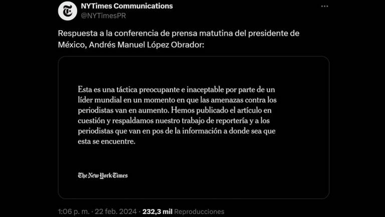 Mensaje del diario The New York Times sobre el Presidente Andrés Manuel López Obrador.