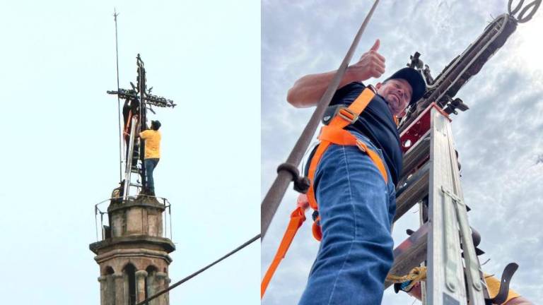 Alonso, Ignacio y Willy trabajan en la torre del Santuario Mariano de Rosario para renovar la iluminación de la cruz para la festividad de la Virgen.