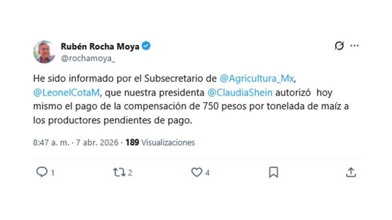 El Gobernador Rubén Rocha Moya anuncia el pago pendiente a productores de maíz.