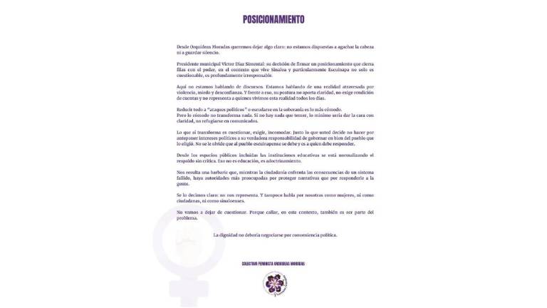 Posicionamiento de la colectiva Orquídeas Moradas, de Escuinapa, en la que critica al Alcalde Víctor Manuel Díaz Simental.