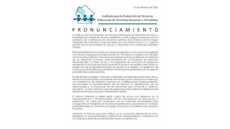 El Instituto de Protección de Sinaloa condena el asesinato de la buscadora Rubí Patricia, ocurrido en Mazatlán.