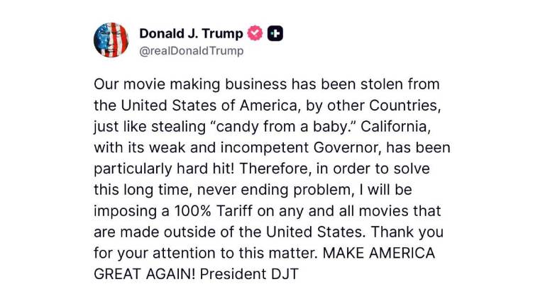 Donald Trump anuncia de la imposición de aranceles del 100 por ciento a películas extranjeras.