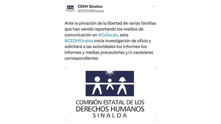 La Comisión Estatal de Derechos Humanos iniciará una investigación de oficio por la privación de la libertad de varias familias en Culiacán.