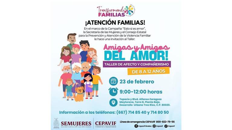 Convocatoria del Cefavif Sinaloa al taller de afecto y compañerismo dirigido a niñas y niños.