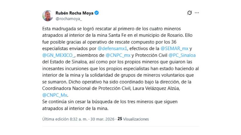Mensaje del Gobernador Rubén Rocha Moya tras el rescate de un trabajador minero en Rosario.