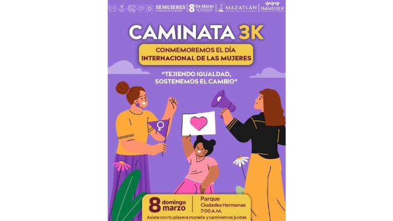 Convocatoria del Instituto Municipal de la Mujer de Mazatlán a la caminata por el Día Internacional de las Mujeres.