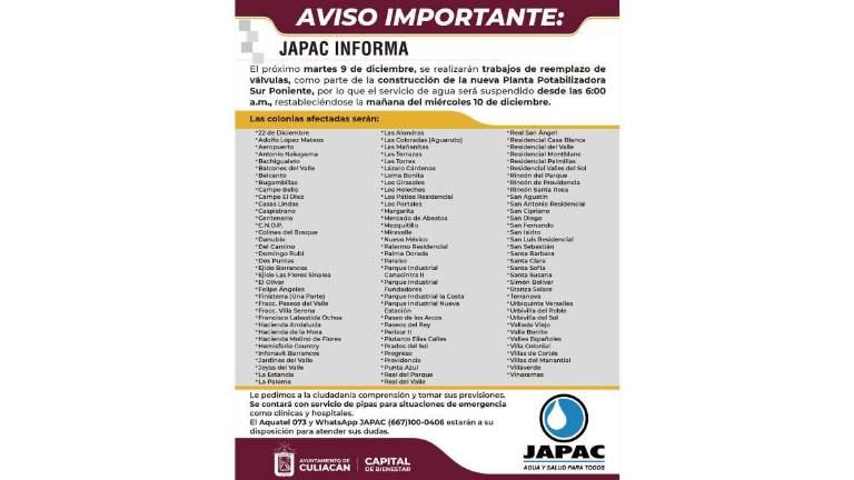 Aviso de la Japac sobre la suspensión del servicio de agua el próximo martes por trabajos de reparación.