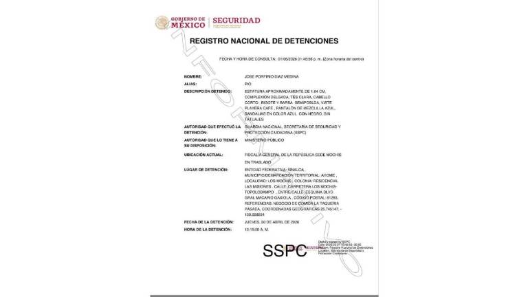 El Registro Nacional de Detenciones reporta la captura de José Porfirio Díaz Medina, “Pío”.