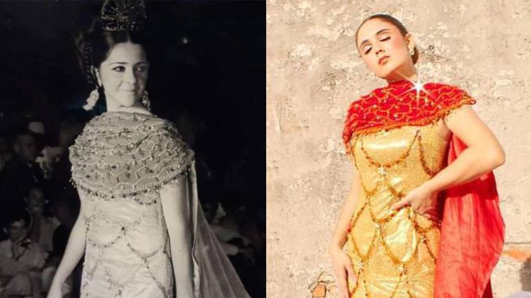 Irma Tirado, Reina del Carnaval de 1968 y Alejandra Tirado, Reina del Carnaval de 2023, con el mismo traje real.