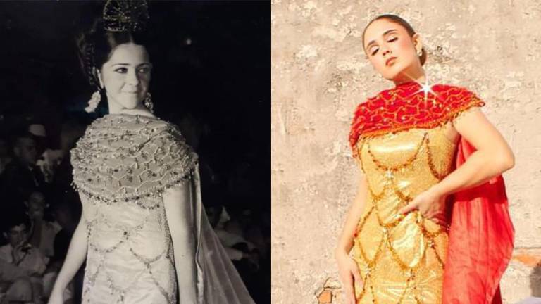 Irma Tirado, Reina del Carnaval de 1968 y Alejandra Tirado, Reina del Carnaval de 2023, con el mismo traje real.