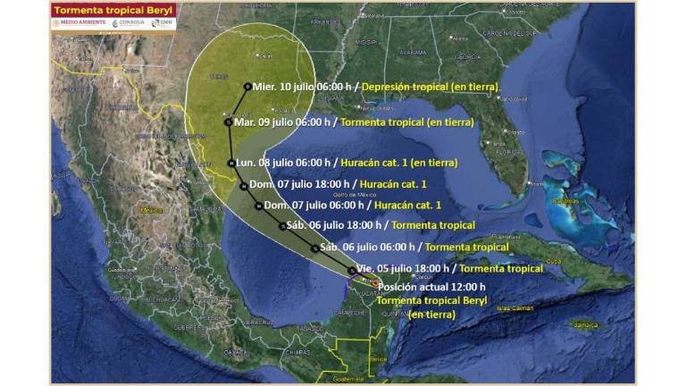 Tras tocar tierra, “Beryl” se degradó a tormenta tropical, pero se prevé que se vuelva a fortalecer en el Golfo de México.