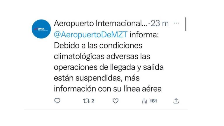 Anuncio del Aeropuerto de Mazatlán sobre la suspensión de las operaciones.
