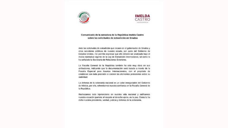 Mensaje de la Senadora Imelda Castro Castro sobre la situación contra el Gobernador de Sinaloa y funcionarios públicos.