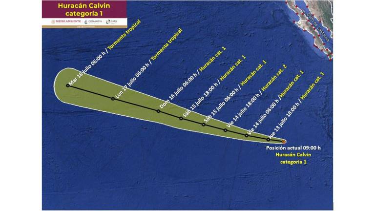 Trayectoria del huracán Calvin, que se aleja de las costas mexicanas.