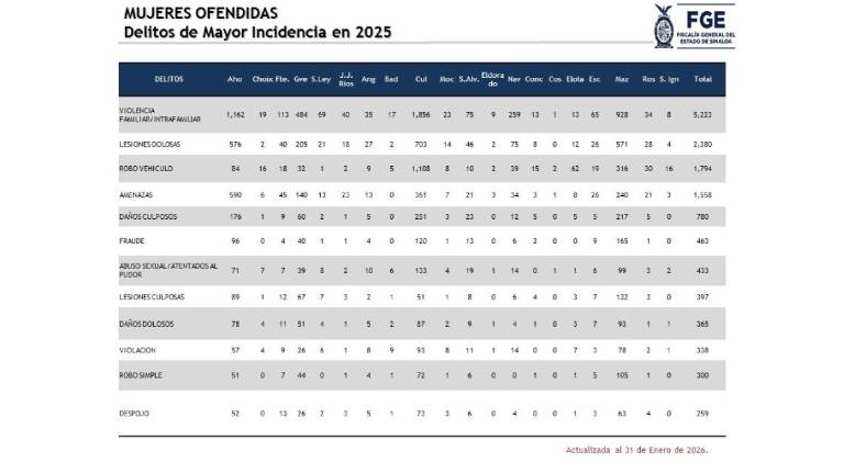 Relación de denuncias por violación a mujeres durante 2025.