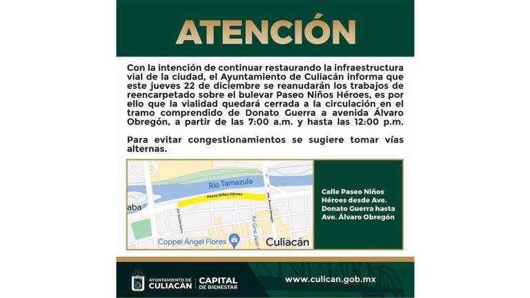 Tramo del malecón en Culiacán estará cerrado este jueves