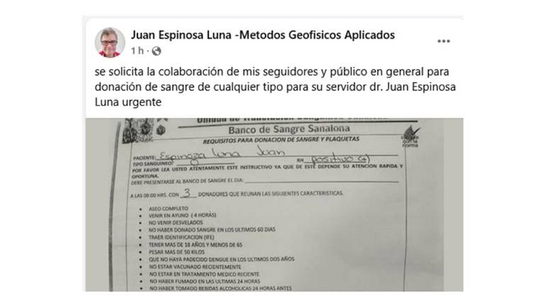 El especialista en el clima Juan Espinosa Luna busca donadores de sangre en Culiacán.