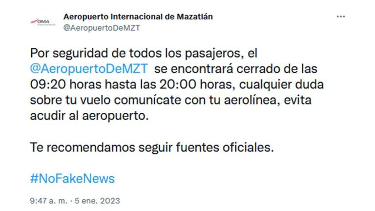 Cancelación de operaciones en el aeropuerto de Mazatlán.