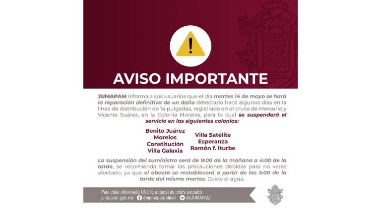 Suspenderán el agua en 23 colonias de Mazatlán este martes 14 de mayo