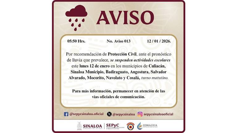 Aviso de suspensión de clases en algunos municipios de Sinaloa.