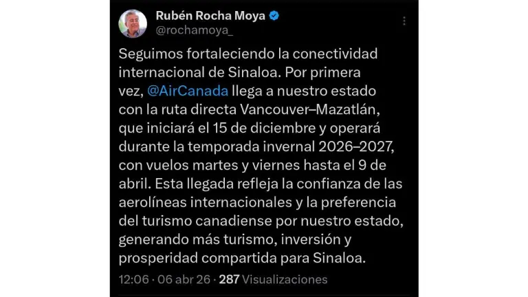 Mensaje del Gobernador Rubén Rocha Moya sobre un nuevo vuelo para Mazatlán desde Canadá.