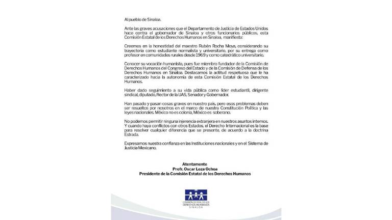 Posicionamiento de la Comisión Estatal de los Derechos Humanos de Sinaloa respecto a las acusaciones en Estados Unidos contra el Gobernador Rubén Rocha Moya.