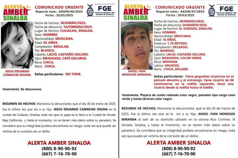 Emiten Alerta Amber en Sinaloa para localizar a Jesús Eduardo y Ángel Iván