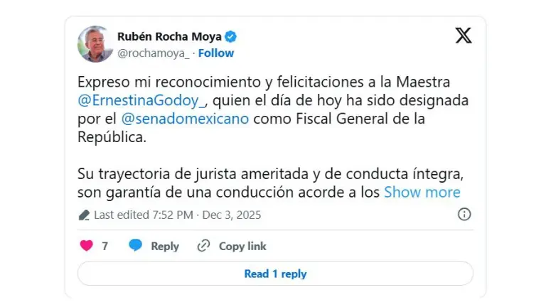 Rocha Moya utilizó sus redes sociales para enviar la felicitación a Ernestina Godoy.